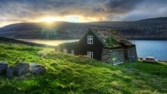 landscape House water sun sunlight nature iceland cottage
