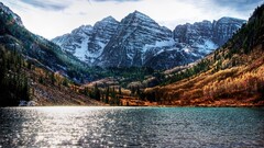 landscape Lake fall Mountains pine trees snowy mountain water