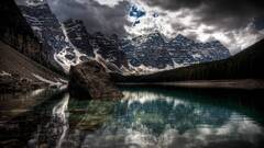 landscape Mountains clouds water rock moraine lake Canada hdr