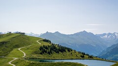 landscape pond road hills pine trees nature Scotland