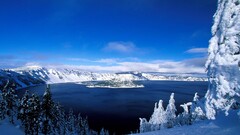 landscape snow Island winter Trees clouds sky pine trees