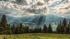 landscape sun rays nature Mountains clouds Trees