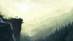 landscape torii cliff artwork Mountains forest waterfall