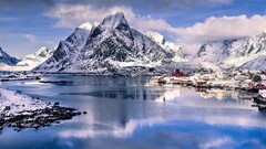 landscape village Mountains Norway snow water fjord