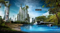 Landscapes Aircraft deer lakes buildings Photo manipulation 