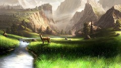 Landscapes Animals Mountains deer fields rivers artwork