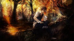 Landscapes autumn Anime lakes rivers brunettes forests anime 