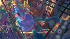 Landscapes Birds dress hats houses blondes multicolor long hair 