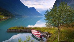 Landscapes Boats Norway lakes reflections rivers western