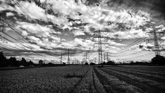 Landscapes clouds black and white germany power lines grayscale