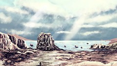 Landscapes clouds coast sun rays artwork digital art