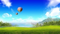 Landscapes coast blue skies hot air balloons