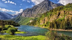 Landscapes creek nature Trees grass water blue Mountains clouds 
