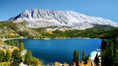 Landscapes creek nature Trees snow water blue Mountains white 