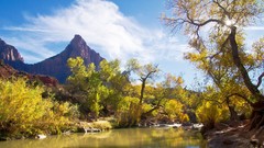 Landscapes creek nature Trees yellow water blue Mountains 