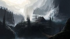 Landscapes dark waterfalls Bridges houses artwork fantasy art