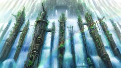 Landscapes fantasy grass water ruins waterfalls rainbows
