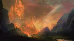 Landscapes fantasy Mountains Birds flock paintings flying 