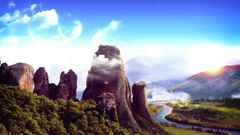 Landscapes fantasy Mountains houses planets rivers forests 