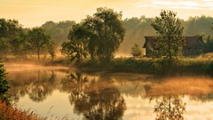 Landscapes flat Trees morning houses mist rivers