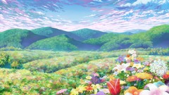Landscapes Flowers clouds hills Green Anime blue skies