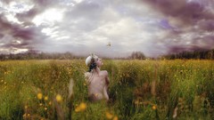 Landscapes Flowers nature Butterflies woman white hair sitting 