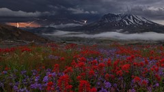 Landscapes Flowers Rays nature Mountains clouds red purple 