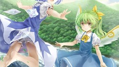 Landscapes Flowers Trees wings flying blue hair anime girls 