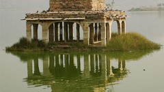 Landscapes fog grass ruins lakes