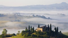 Landscapes fog hills houses