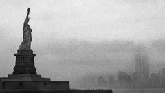 Landscapes fog Manhattan statues Twin Towers Statue of Liberty 