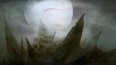 Landscapes fog moon spikes Flags mist fantasy art