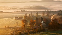 Landscapes fog Mountains morning fields forests