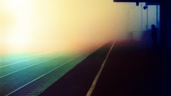 Landscapes fog multicolor vehicles railroad tracks trains 