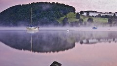 Landscapes fog nature land Yachts Boats lakes