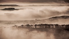 Landscapes fog nature Trees clouds hills monochrome mist sepias