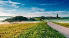 Landscapes fog nature Trees grass clouds hills roads skies