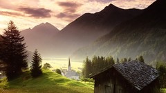 Landscapes fog nature Trees Mountains Austria cottage
