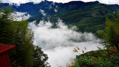 Landscapes fog nature Trees Mountains clouds houses skies