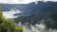 Landscapes fog nature Trees Mountains clouds skies