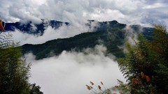 Landscapes fog nature Trees Mountains clouds skies