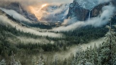 Landscapes fog nature Trees Mountains Yosemite National Park 