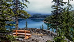 Landscapes fog nature Trees water blue Mountains Green bench 