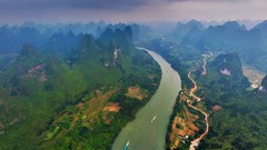 Landscapes fog nature Trees water hills Green China Boats 