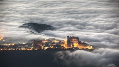Landscapes fog nature yellow gray black clouds hills City 