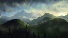 Landscapes fog Trees clouds hills artwork