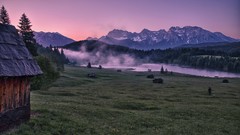 Landscapes fog Trees Mountains mist cabin rivers valleys