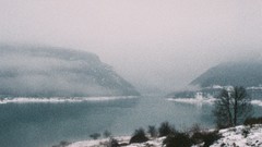 Landscapes fog Trees snow Mountains rivers evergreens