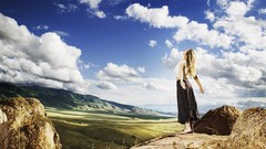 Landscapes grass blue clouds hills white woman stretching dress 