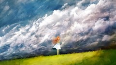 Landscapes grass clouds Anime dress blondes anime girls scenic